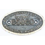 Worksplate LONDON & NORTH EASTERN RAILWAY DARLINGTON WORKS 1921 65860 ex NER Wordsell 0-6-0