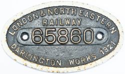 Worksplate LONDON & NORTH EASTERN RAILWAY DARLINGTON WORKS 1921 65860 ex NER Wordsell 0-6-0