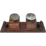 LSWR Sykes split cased Block Bells, a pair, mounted on their original shelf with two brass
