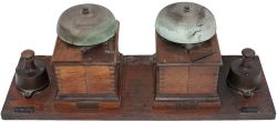 LSWR Sykes split cased Block Bells, a pair, mounted on their original shelf with two brass