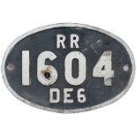 Rhodesian Railways cast aluminium cabside numberplate RR 1604 DE6 ex Diesel Electric locomotive