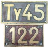 Polish brass cabside Class and loco numberplates TY45 and 122 ex 2-10-0. Both in original condition,