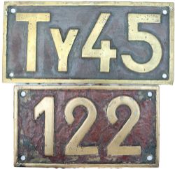 Polish brass cabside Class and loco numberplates TY45 and 122 ex 2-10-0. Both in original condition,