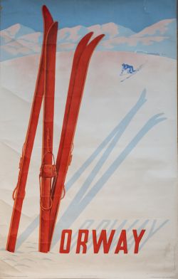 Poster NORWEGIAN STATE RAILWAYS NORWAY by Claude Lemeunier 1957 advertising skiing. Double Royal