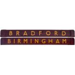 BR wooden carriage board BIRMINGHAM - BRADFORD. Measures 32in x 3in and is in very good ex railway