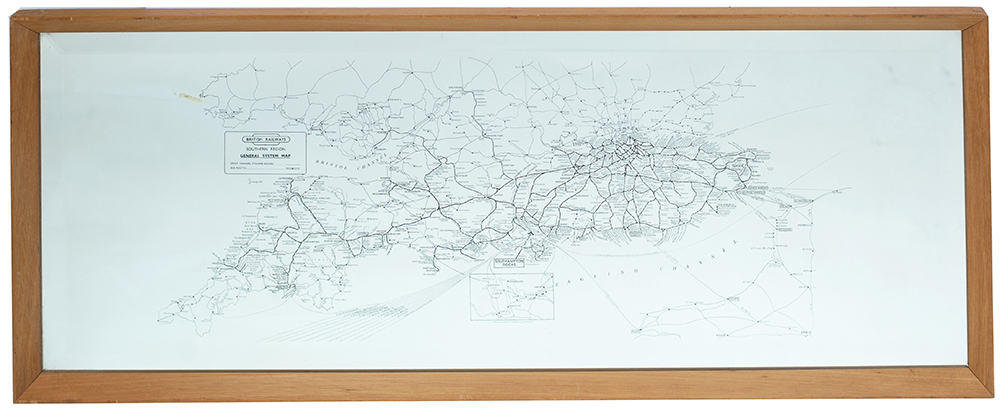 British Railways Southern Region general system mirror map. Depicts the whole of the system and