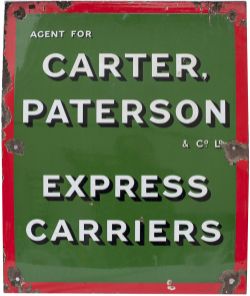 Advertising enamel sign AGENT FOR CARTER PATTERSON EXPRESS CARRIERS. In good condition with some