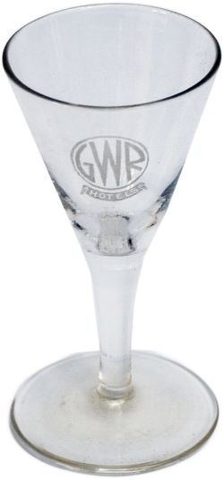 GWR Hotels art deco small Liqueur Glass, acid etched on the front with the GWR Hotels roundel. In