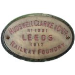 Worksplate HUDSWELL CLARKE & CO LTD RAILWAY FOUNDRY LEEDS No 1321 1917 ex 0-4-0 ST supplied to