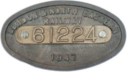 Worksplate LONDON & NORTH EASTERN RAILWAY 1947 61224 ex Thompson B1 4-6-0 built by NBL Glasgow.