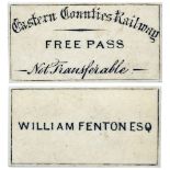 EASTERN COUNTIES RAILWAY FREE PASS issued to WILLIAM FENTON ESQ. Measures 2in x 1in and is in