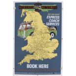 Bus motoring enamel sign ASSOCIATED MOTORWAYS DAY AND NIGHT EXPRESS COACH SERVICES BOOK HERE, HEAD