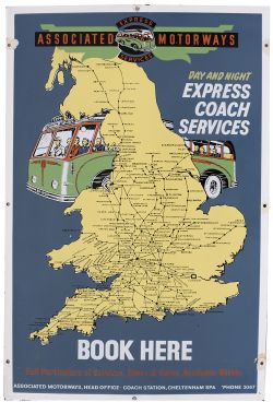 Bus motoring enamel sign ASSOCIATED MOTORWAYS DAY AND NIGHT EXPRESS COACH SERVICES BOOK HERE, HEAD