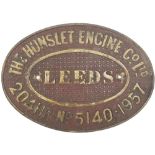 Worksplate THE HUNSLET ENGINE CO LTD LEEDS 204HP No 5140 1957. Ex std gauge 0-6-0DM supplied to John