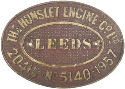 Worksplate THE HUNSLET ENGINE CO LTD LEEDS 204HP No 5140 1957. Ex std gauge 0-6-0DM supplied to John