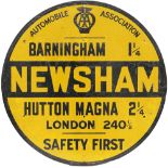 Motoring enamel sign AUTOMOBILE ASSOCIATION NEWSHAM BARNINGHAM 1.25 HUTTON MAGNA 2.25 LONDON 240.5