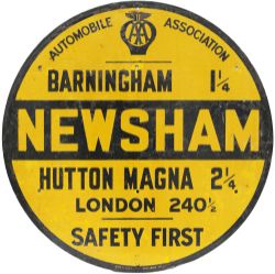 Motoring enamel sign AUTOMOBILE ASSOCIATION NEWSHAM BARNINGHAM 1.25 HUTTON MAGNA 2.25 LONDON 240.5