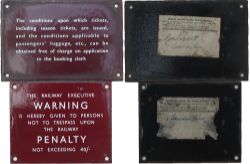 BR(M) enamels x2 consisting of; CONDITIONS OF TICKETS sign measuring 6in x 4in and with original