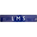 LMS enamel poster board heading L.M.S. White on dark blue, measures 29in x 5.75in. In excellent