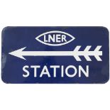 LNER FF enamel station direction sign LNER STATION with left facing arrow. Measures 21in x 10.5in