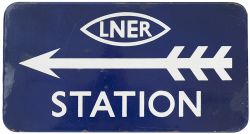 LNER FF enamel station direction sign LNER STATION with left facing arrow. Measures 21in x 10.5in