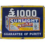 Advertising enamel sign £1000 SUNLIGHT SOAP GUARANTEE OF PURITY. With some restoration and