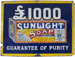 Advertising enamel sign £1000 SUNLIGHT SOAP GUARANTEE OF PURITY. With some restoration and