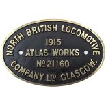 Worksplate NORTH BRITISH LOCOMOTIVE COMPANY LTD GLASGOW ATLAS WORKS No21160 1915 ex Taff Vale
