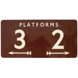 BR(W) FF enamel railway sign PLATFORMS 3 2 with left and right facing arrows. Measures 36in x 18in
