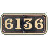 GWR cast iron cabside numberplate 6136 ex Collett 2-6-2 T built at Swindon in 1932. Allocations