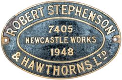 Worksplate ROBERT STEPHENSON & HAWTHORNS LTD NEWCASTLE WORKS 7405 1948 ex 0-4-0 ST numbered 7 and