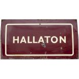 LMS enamel station running-in board HALLATON from the former GN & LNWR Joint station between