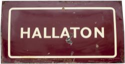 LMS enamel station running-in board HALLATON from the former GN & LNWR Joint station between