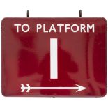 BR(M) FF To Platform 1 (double sided) BR(M) FF enamel railway sign TO PLATFORM 1 with arrow.