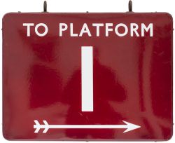 BR(M) FF To Platform 1 (double sided) BR(M) FF enamel railway sign TO PLATFORM 1 with arrow.