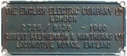 EE RSH 2725/8135 1960 ex D305 Worksplate THE ENGLISH ELECTRIC COMPANY LTD LONDON ROBERT STEPHENSON &