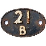 21B Shedplate 21B Bournville 1950-1960 with sub shed of Redditch. In as removed condition.