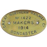GNR Doncaster 1422 1914 ex 68896 Worksplate GREAT NORTHERN RAILWAY DONCASTER MAKERS No 1422 1914