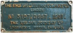 EE 3107/D657 ex D361 / 40161 Worksplate THE ENGLISH ELECTRIC COMPANY LTD LONDON THE VULCAN FOUNDRY