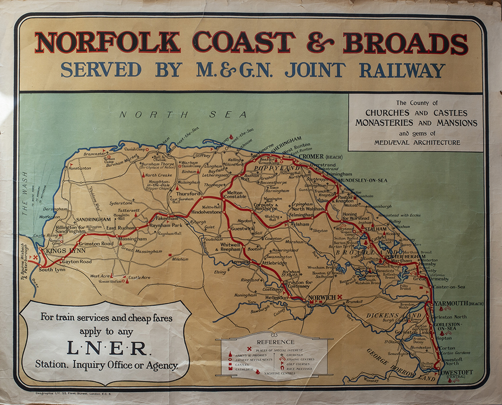 LNER QR Norfolk Coast M&GN Poster LNER NORFOLK COAST & BROADS SERVED BY THE M&GN JOINT RAILWAY.