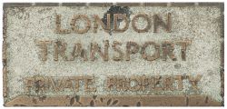 LT Pavement Boundary London Transport PRIVATE PROPERTY bronze pavement boundary marker. Measures 8in