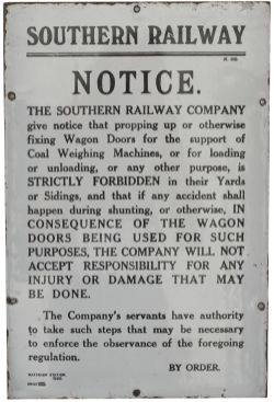 SR Propping Up Wagon Doors Southern Railway enamel sign re PROPPING UP WAGON DOORS etc WATERLOO