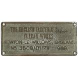 EE VW 3808/D1179 1968 ex 438 Formidable Worksplate THE ENGLISH ELECTRIC CO LTD VULCAN WORKS NEWTON-