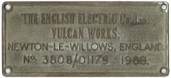 EE VW 3808/D1179 1968 ex 438 Formidable Worksplate THE ENGLISH ELECTRIC CO LTD VULCAN WORKS NEWTON-