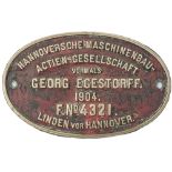 Hanomag Georg Egestorff 4321 1904 Worksplate HANNOVERSCHE MASCHIENBAU ACTIEN GESELLSCHAFT VORMALS