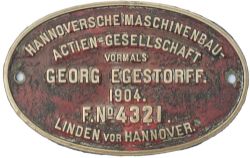 Hanomag Georg Egestorff 4321 1904 Worksplate HANNOVERSCHE MASCHIENBAU ACTIEN GESELLSCHAFT VORMALS