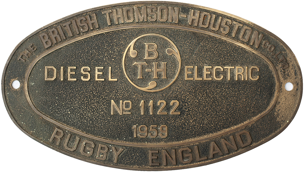 BTH 1122 1959 ex D8224 Worksplate THE BRITISH THOMSON HOUSTON CO LTD RUGBY ENGLAND DIESEL ELECTRIC