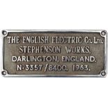 EE SW 3357/8400 1963 ex D6879 Worksplate THE ENGLISH ELECTRIC CO LTD STEPHENSON WORKS DARLINGTON