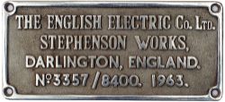 EE SW 3357/8400 1963 ex D6879 Worksplate THE ENGLISH ELECTRIC CO LTD STEPHENSON WORKS DARLINGTON