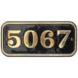 GWR 5067 ex St Fagans Castle GWR brass cabside numberplate 5067 ex Collett Castle Class 4-6-0